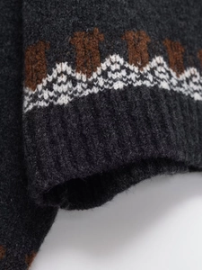 Dettaglio del polsino a coste e motivo jacquard geometrico sulla manica in maglia