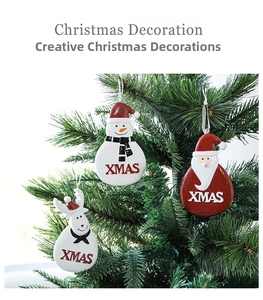 Christmas tree ornaments featuring Santa, Snowman, and Reindeer with XMAS text details
