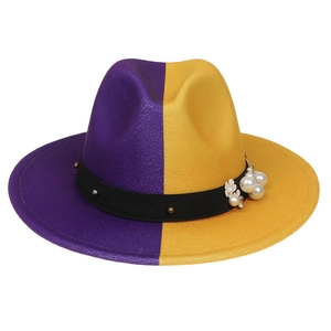 Detail of two-tone purple and yellow wool fedora hat with pearls and metal studs