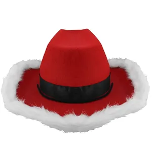 Classic red Christmas cowboy hat with white faux fur trim and black decorative ribbon band