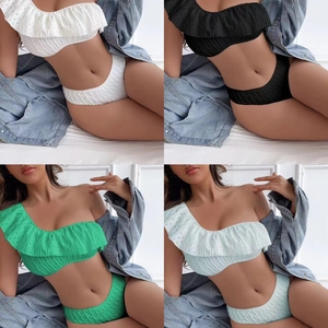 Women Asymmetric Shoulder Bikini Ruffle Swimsuit Pointelle Textured High Waisted Beachwear Holiday Swimwear