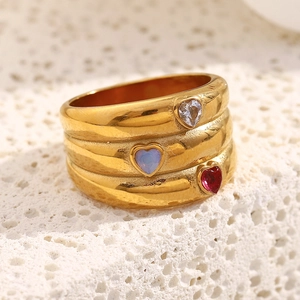 Bague Zircon Coeur À Trois Couches Acier Inoxydable Plaqué Or 18K Large Géométrique Bijoux Pour Femme