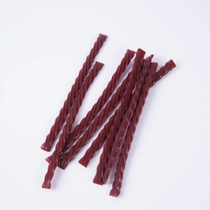 Realistic deep red spiral twisted candy props for food play and display on white background