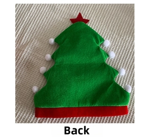 Back view of green felt Christmas tree hat with white pom-poms and red star ornament
