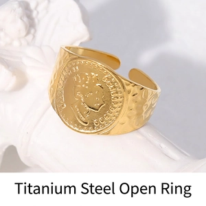 Hammered Stainless Steel Adjustable Open Ring With Queen Head Coin Relief Vintage Retro Style For Women