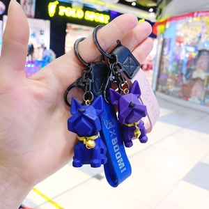 Porte-clés bouledogue français géométrique bleu et violet avec cloches dorées et lanières