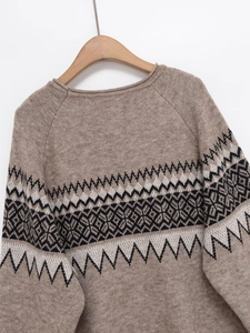 Detail of retro geometric jacquard pattern on a brown knit sweater with a round neckline