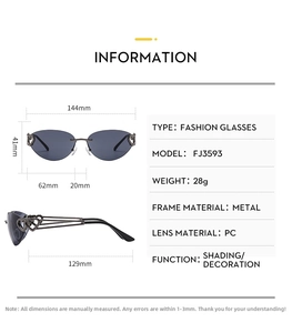 Detailed technical specifications and size measurements for Y2K rimless sunglasses