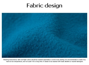 Detail of navy blue soft fleece fabric texture with fabric care and washing instructions
