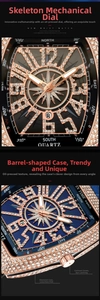 Macro view of iced-out tonneau watch face with skeleton style dial and date window