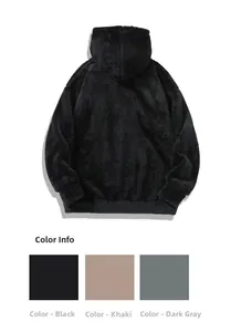 Detail view of heavyweight polar fleece hoodies in black, khaki, and dark gray colors