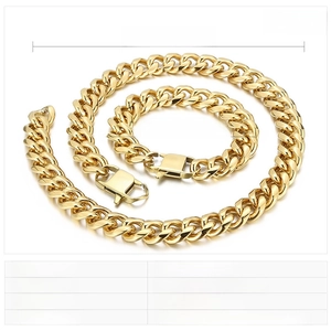 Detailed view of 15mm thick gold stainless steel cuban chain necklace and bracelet dimensions