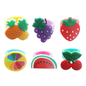 Set of 6 colorful silicone fruit rings including strawberry and watermelon for kids