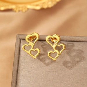 Three linked hollow heart stud earrings in 14K gold plated stainless steel