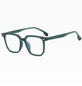 Detail view of transparent dark green square glasses frame with TR9067 temple markings