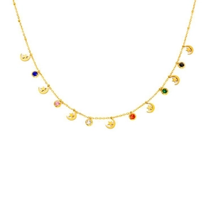 Close-up of gold stainless steel necklace with colorful zircon and star moon pendants