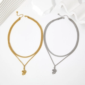 Double-layered stainless steel snake pendant necklace in gold and silver finishes