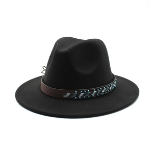 Classic black wool fedora hat with a wide brim and bohemian beaded leather band
