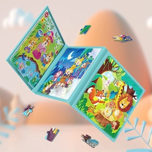 Three-fold magnetic puzzle board for kids featuring colorful forest animal illustrations