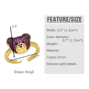 Detailed size chart for the gold-plated bear ring featuring red and black zircon stones
