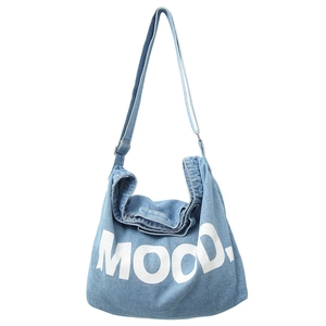 Blue denim crossbody tote bag featuring large white MOOD text print on front