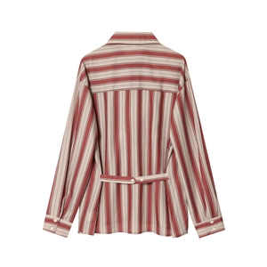 Chemise rayée à manches longues pour femme avec lien de serrage au dos en brun rouge