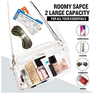 Macro detail of clear PVC crossbody bag showing large capacity for travel essentials