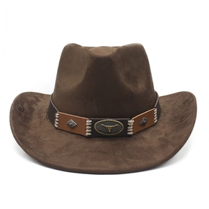 Deep brown faux suede western cowboy hat with vintage metal bull head logo and rivets