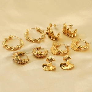 Set of 18K gold-plated stainless steel earrings with textured folds and crystal accents