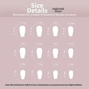 Tableau des tailles pour 24 faux ongles ballerine montrant la largeur et la longueur