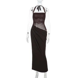 Detail of dark brown halter neck dress with ruched sheer mesh fabric and slim fit design