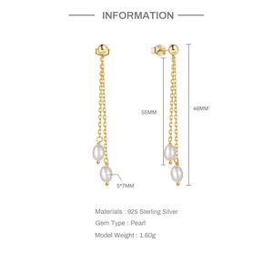 Detailed size specifications for gold plated S925 sterling silver long pearl tassel earrings