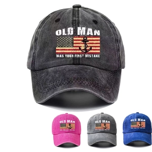 Retro Washed Cotton Baseball Cap Distressed Adjustable Sun Hat With US Flag And Anchor Print Old Man Slogan