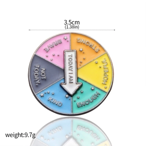 Detailed view of enamel rotary pin with positive slogans and size weight specifications