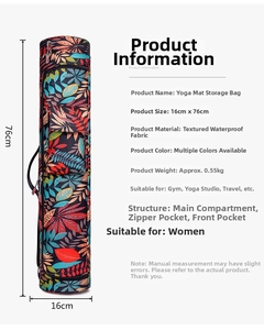 Sac de yoga imperméable à motif de feuilles avec dimensions 16x76cm sur fond blanc