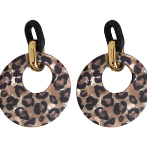 Vintage leopard acrylic resin hoop earrings with gold metal links on white background