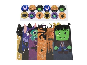 Detail of Halloween greaseproof paper bags with cartoon monster stickers for party treats