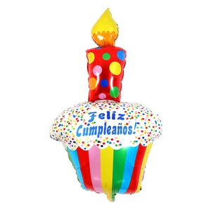 Detail of colorful birthday cake foil balloon with Feliz Cumpleaños text and candle