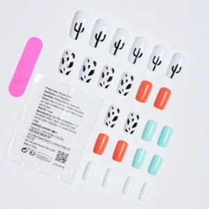 Set of 24 press-on nails with cow print, cactus art, and vibrant solid colors with glue