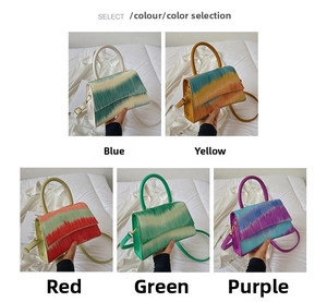 Detailed grid view of stylish crossbody handbags in blue, yellow, red, green and purple
