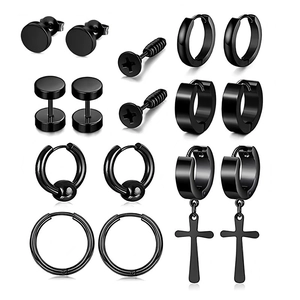 Black stainless steel earring set featuring studs, hoops, and cross pendant dangles