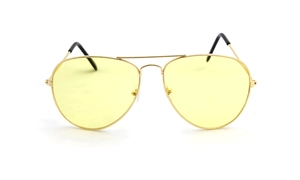 Detailed front view of classic metal aviator sunglasses with gold frame and yellow lenses