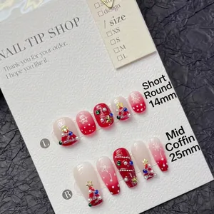 Handmade Press On Nails Red White Gradient Christmas Tree Rhinestone Artificial Pearl Snowflake Star Winter Holiday Party Accessories