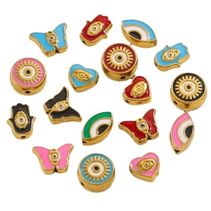 Enamel evil eye bead set with heart, butterfly, and hamsa shapes in various colors