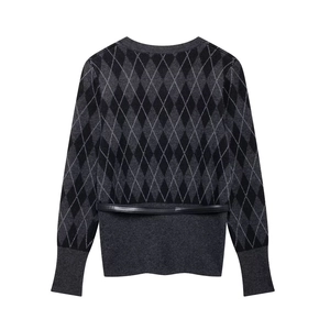 Women's dark grey diamond pattern knit cardigan with black belt for autumn and winter