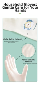 Close-up of white nitrile cleaning gloves showing non-slip palm texture and cute chicken icon