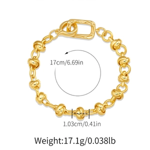 Detail shot of gold beaded bracelet with 17cm length and square clasp on white background