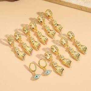 Vintage Copper Zirconia Hamsa Hand Evil Eye Pendant Earrings For Women Gold Ethnic Bohemian Enamel Drip Oil Fashion Jewelry