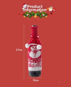 Detail view of a knitted snowman wine bottle cover with dimensions 27cm by 10cm