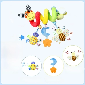 Infant spiral activity plush toy with BB squeaker, teether, and music player details